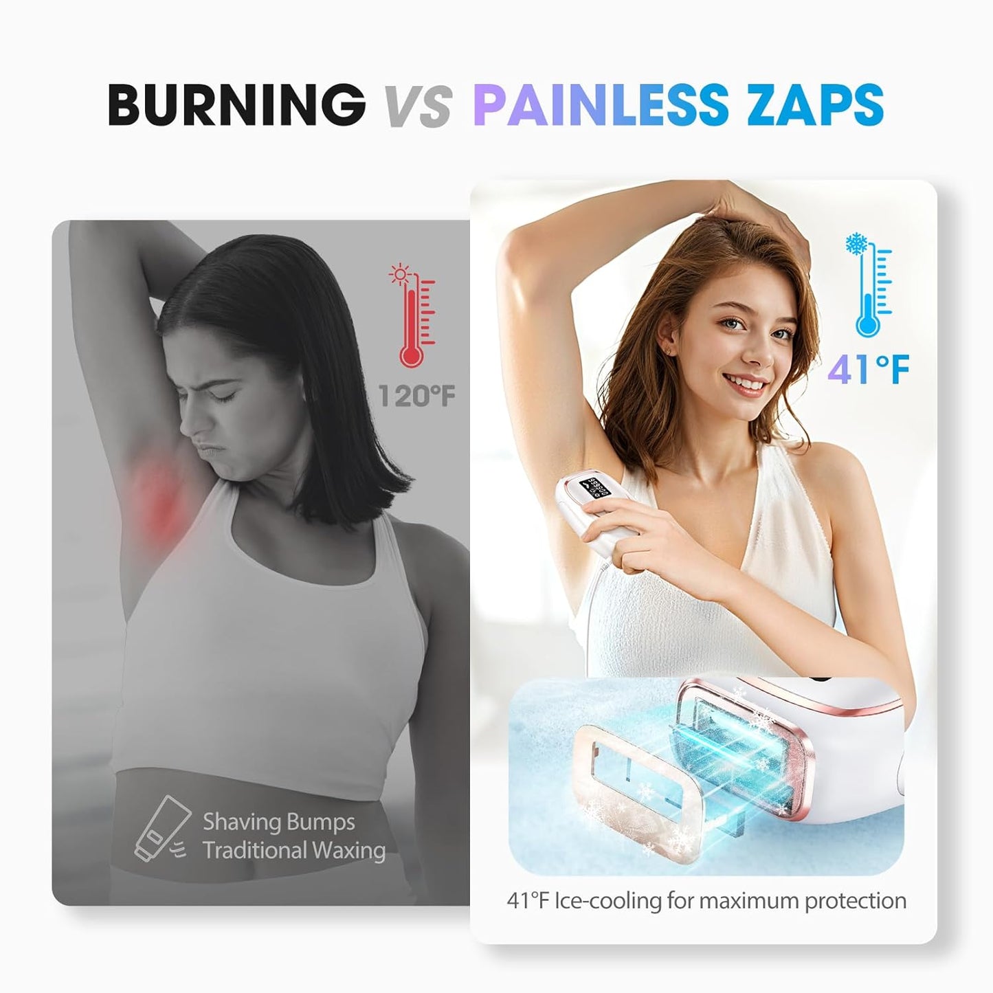 IPL Laser Hair Removal Device for Women & Men - Home 45°F Ice-Cooling Contact for Painless Results